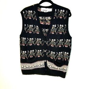 Vintage The Import Workshop Knit Sweater Vest Button Dark Cottage Floral Sz L